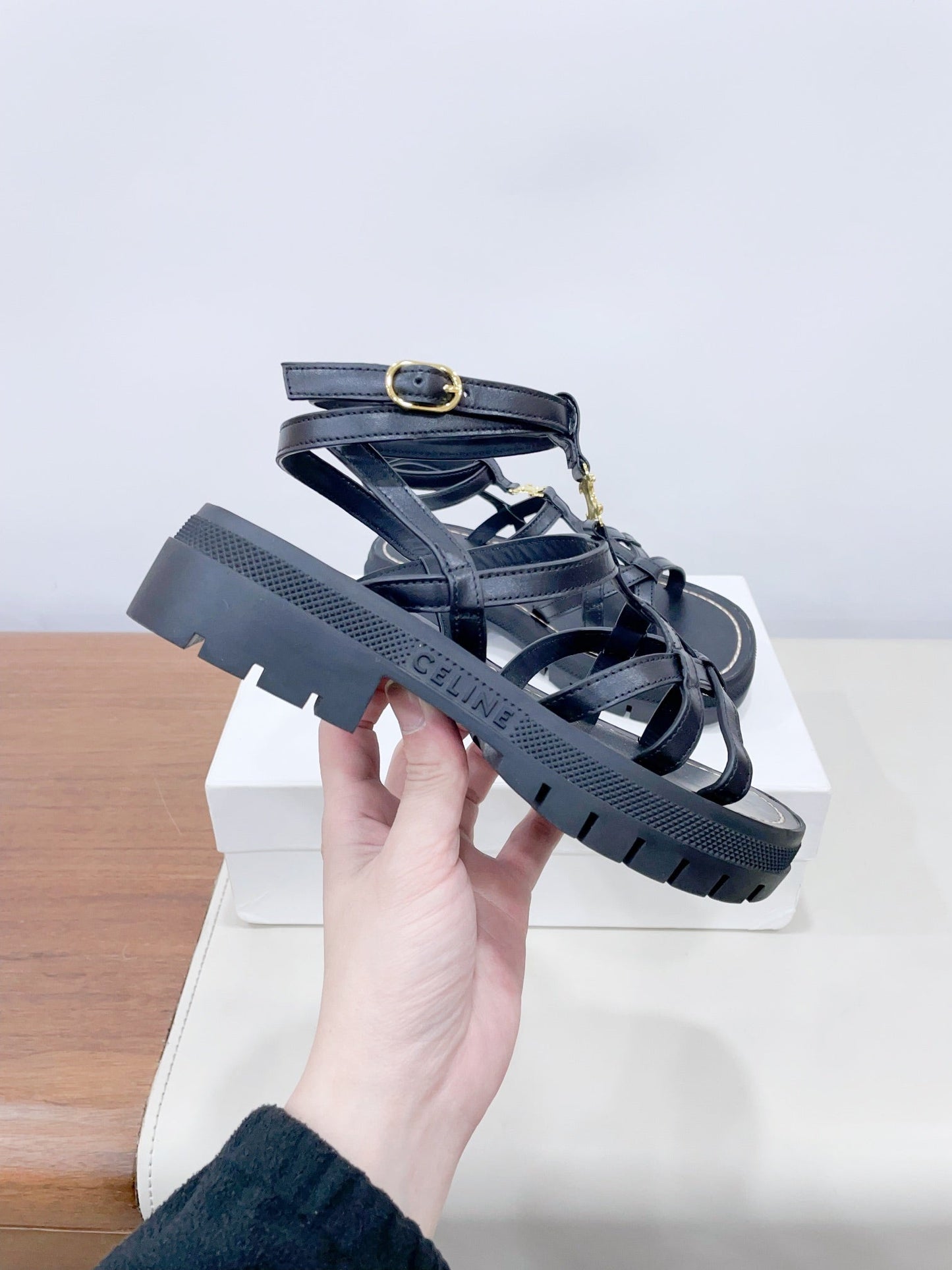 CLEA TRIOMPHE STRAPPY SANDAL IN BLACK CALFSKIN - 35
