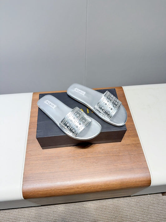 ALAIA FLAT SANDALS WITH PERFORATED STRAPS 25S IN SILVER LAMBSKIN - 35