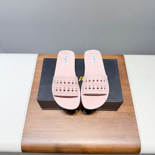 ALAIA FLAT SANDALS WITH PERFORATED STRAPS 25S IN LIGHT PINK SUEDE - 35