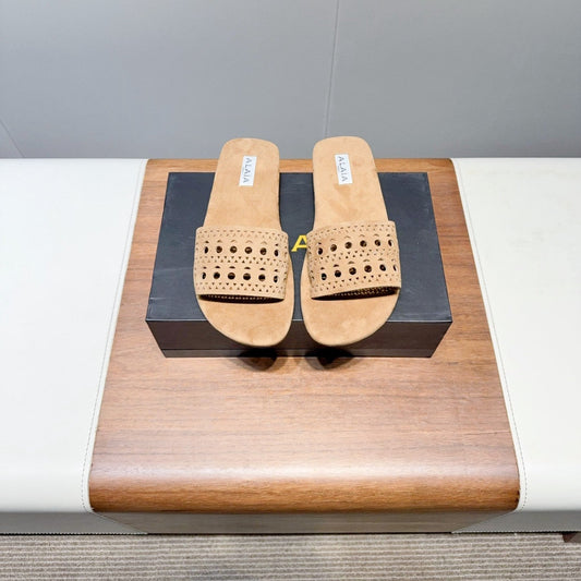 ALAIA FLAT SANDALS WITH PERFORATED STRAPS 25S IN BEIGE SUEDE - 35