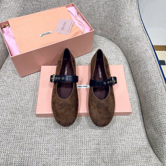 MIUMIU 26S MARY JANE FLATS IN OLIVE BROWN SUEDE WITH BLACK BUCKLE STRAP
