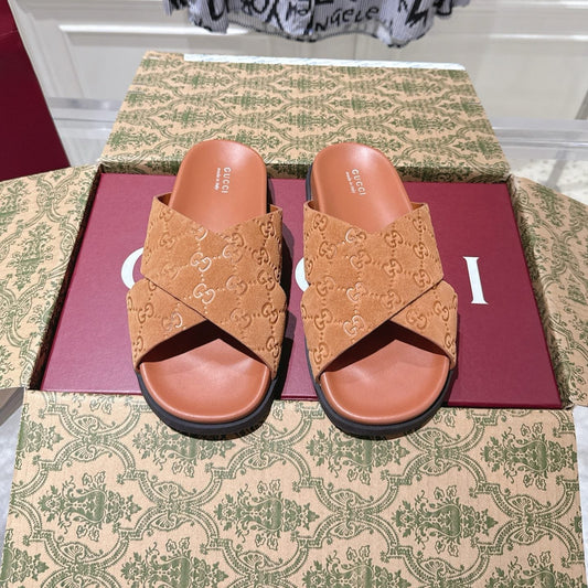 GG SLIDES IN BURNT ORANGE SUEDE WITH EMBOSSED LOGO STYLE 11 - 36