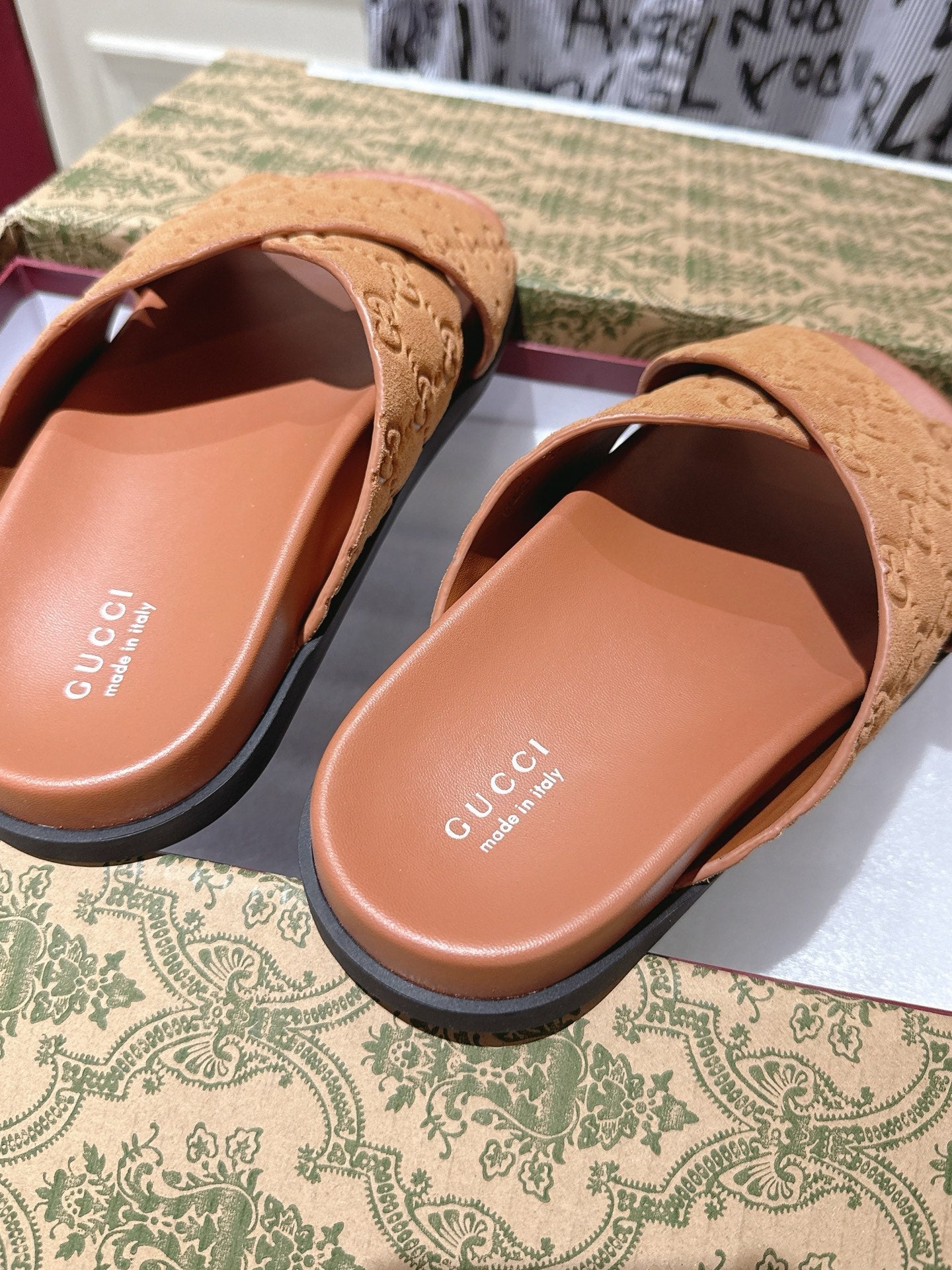 GG SLIDES IN BURNT ORANGE SUEDE WITH EMBOSSED LOGO STYLE 11 - 36