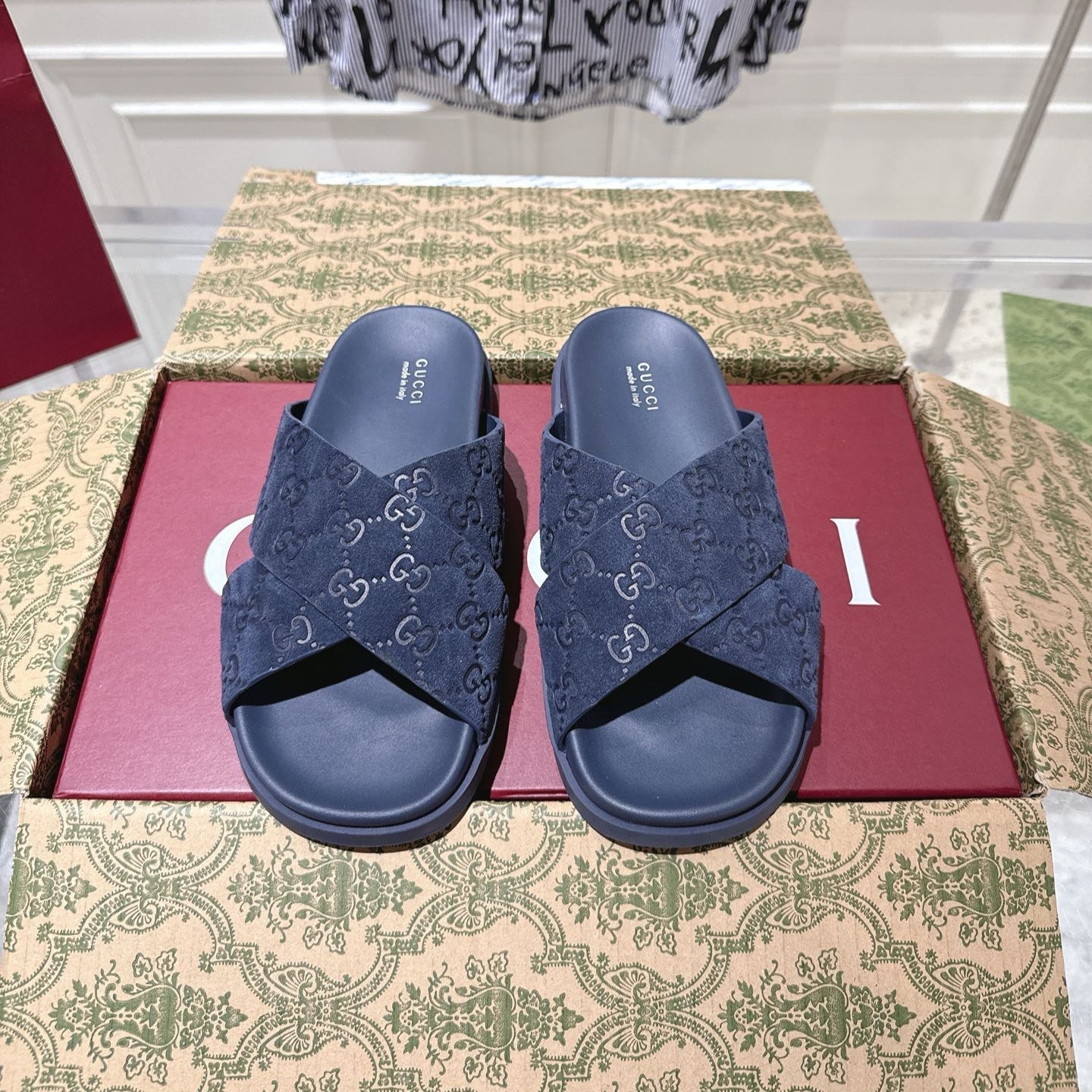 GG SLIDES IN NAVY BLUE SUEDE WITH EMBOSSED LOGO STYLE 10 - 36