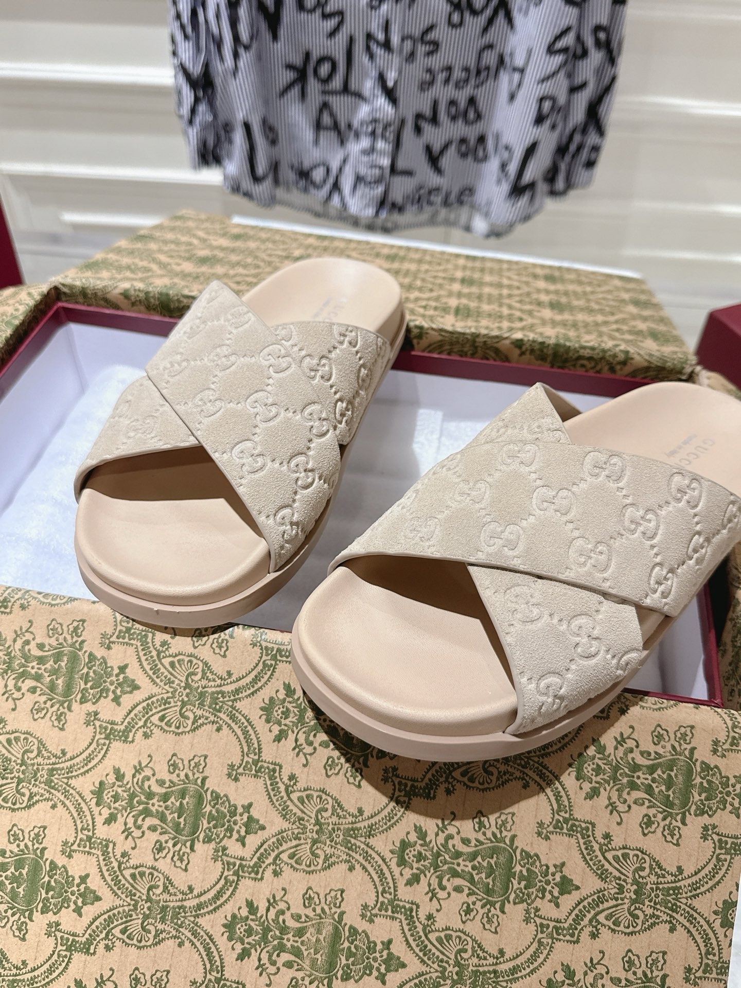 GG SLIDES IN NUDE BEIGE SUEDE WITH EMBOSSED LOGO STYLE 7 - 36