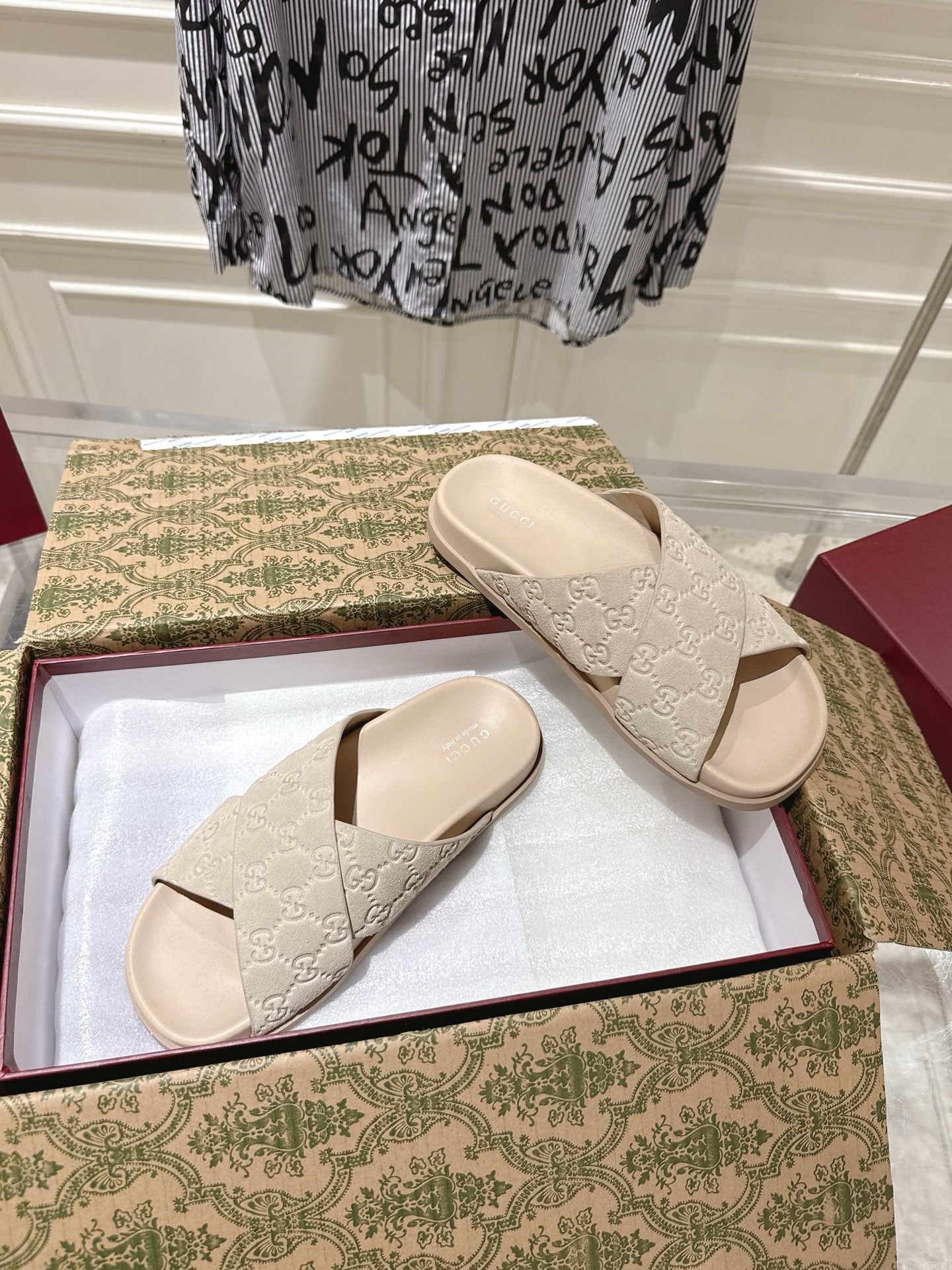 GG SLIDES IN NUDE BEIGE SUEDE WITH EMBOSSED LOGO STYLE 7 - 36