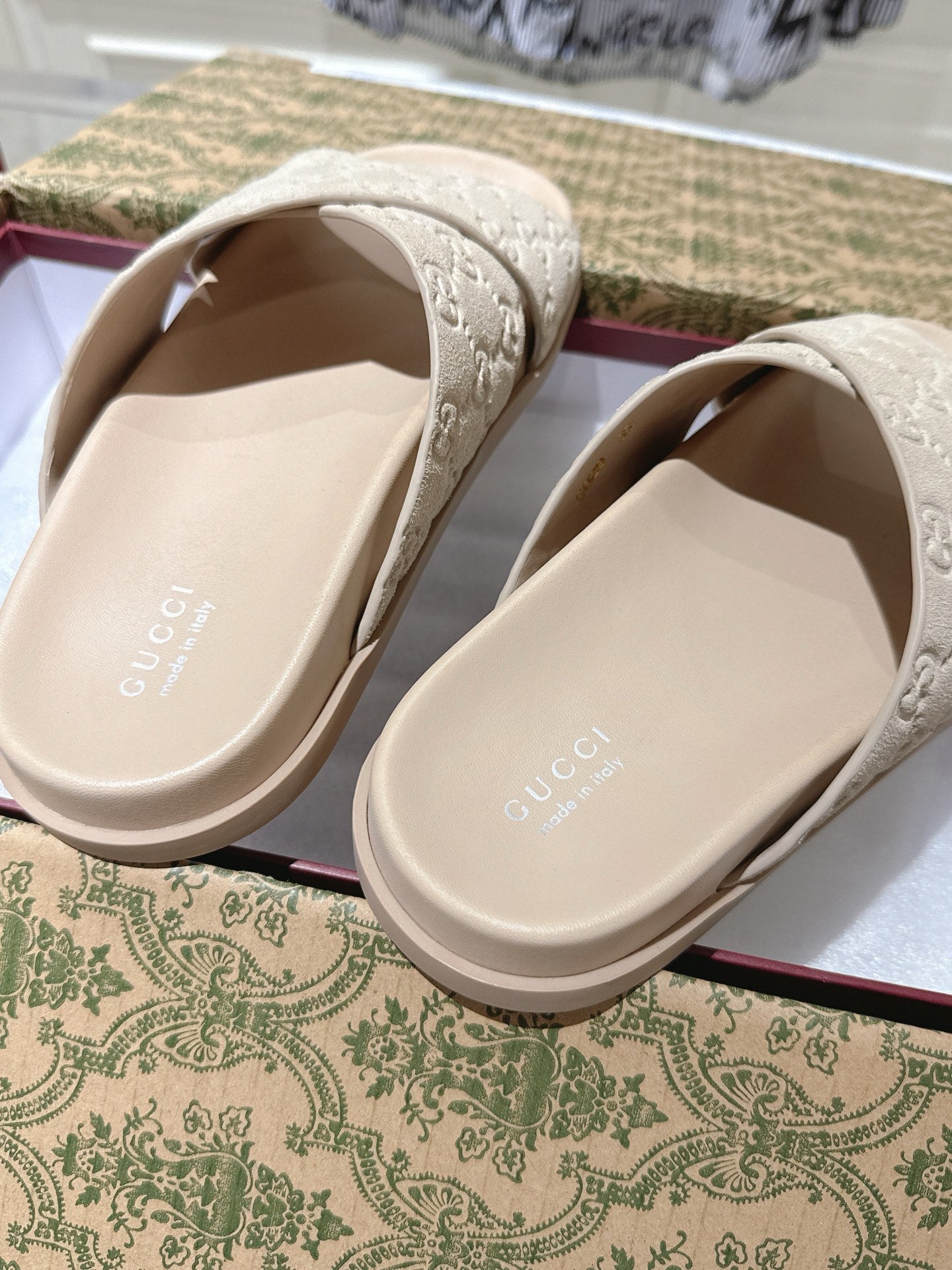GG SLIDES IN NUDE BEIGE SUEDE WITH EMBOSSED LOGO STYLE 7 - 36