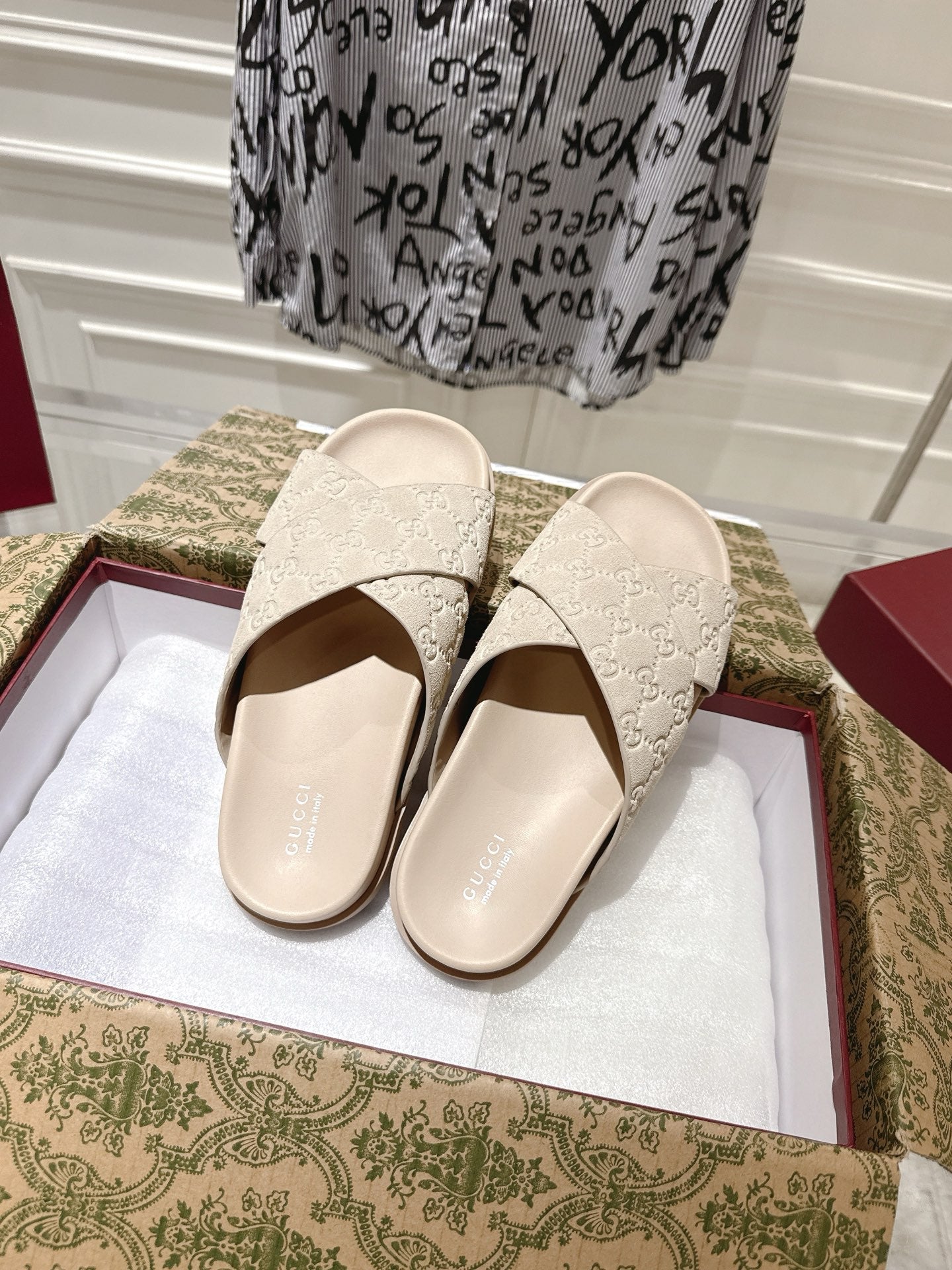 GG SLIDES IN NUDE BEIGE SUEDE WITH EMBOSSED LOGO STYLE 7 - 36