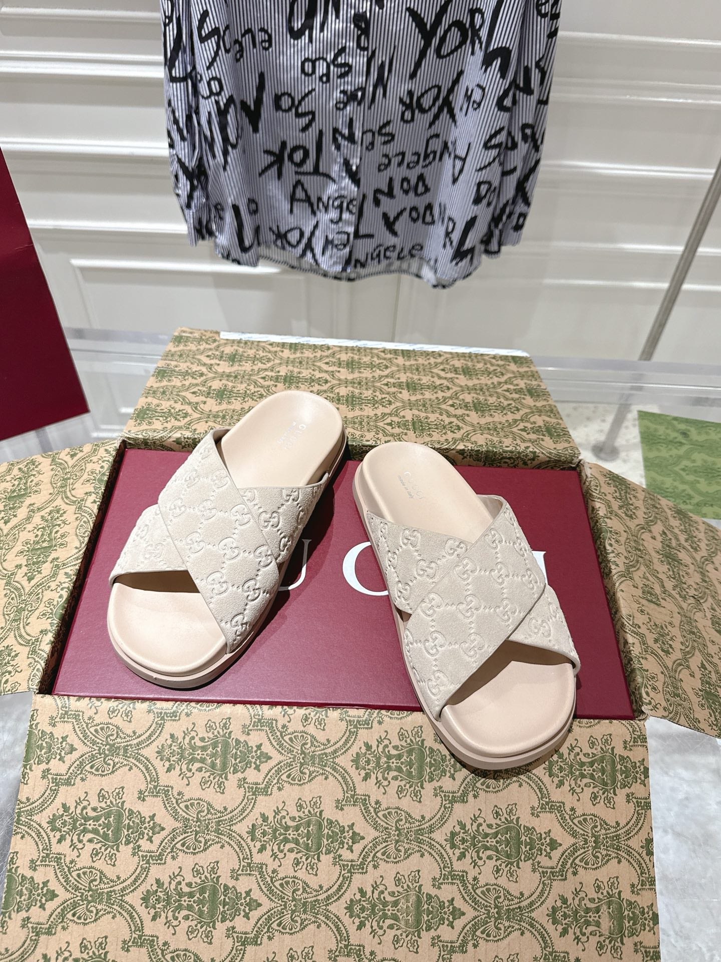 GG SLIDES IN NUDE BEIGE SUEDE WITH EMBOSSED LOGO STYLE 7 - 36