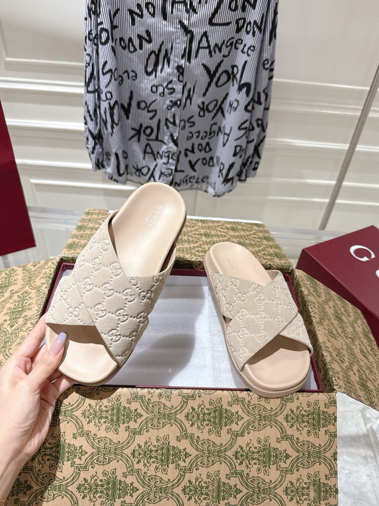 GG SLIDES IN NUDE BEIGE SUEDE WITH EMBOSSED LOGO STYLE 7 - 36
