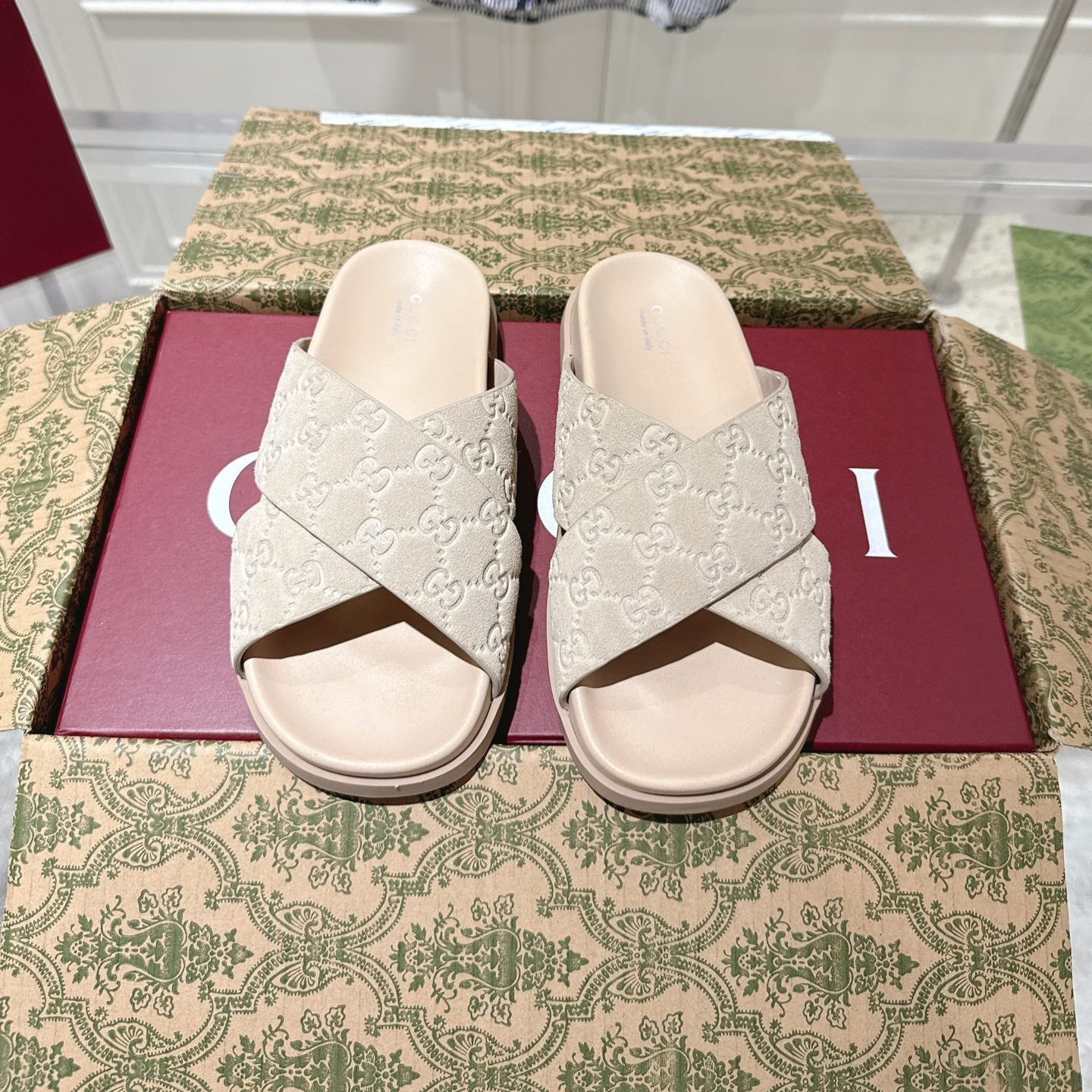 GG SLIDES IN NUDE BEIGE SUEDE WITH EMBOSSED LOGO STYLE 7 - 36