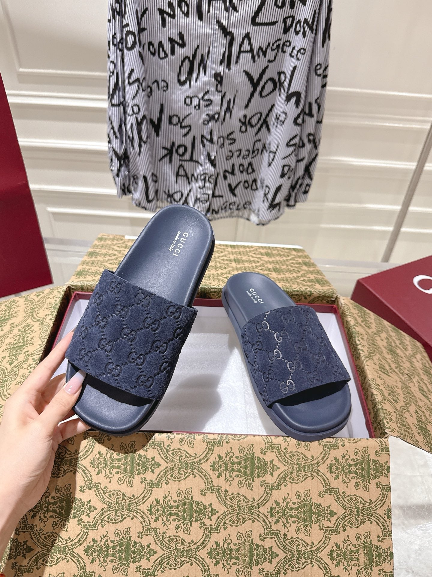 GG SLIDES IN NAVY BLUE SUEDE WITH EMBOSSED LOGO STYLE 4 - 36