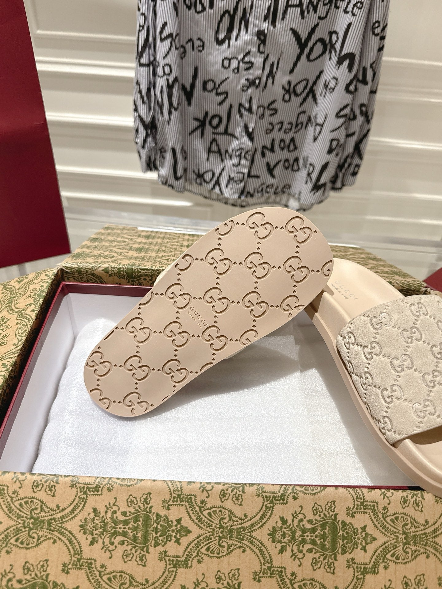GG SLIDES IN NUDE BEIGE SUEDE WITH EMBOSSED LOGO STYLE 2 - 36