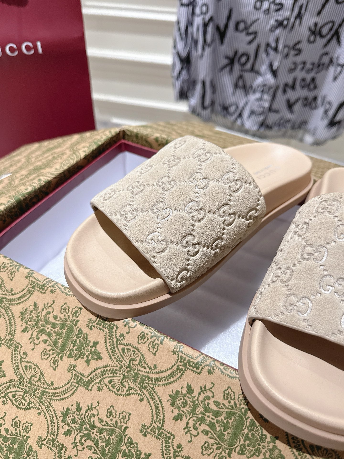 GG SLIDES IN NUDE BEIGE SUEDE WITH EMBOSSED LOGO STYLE 2 - 36