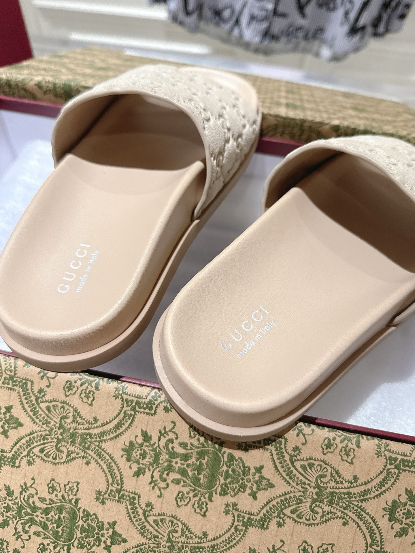 GG SLIDES IN NUDE BEIGE SUEDE WITH EMBOSSED LOGO STYLE 2 - 36