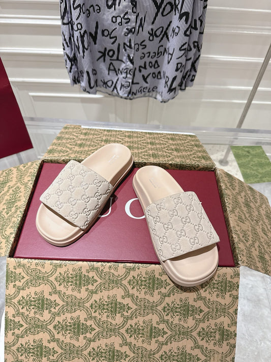GG SLIDES IN NUDE BEIGE SUEDE WITH EMBOSSED LOGO STYLE 2 - 36