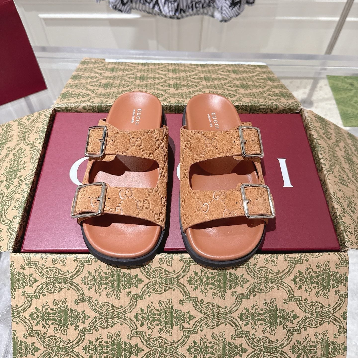 SANDALS IN BURNT ORANGE SUEDE EMBOSSED LOGO SILVER HARDWARE - 36
