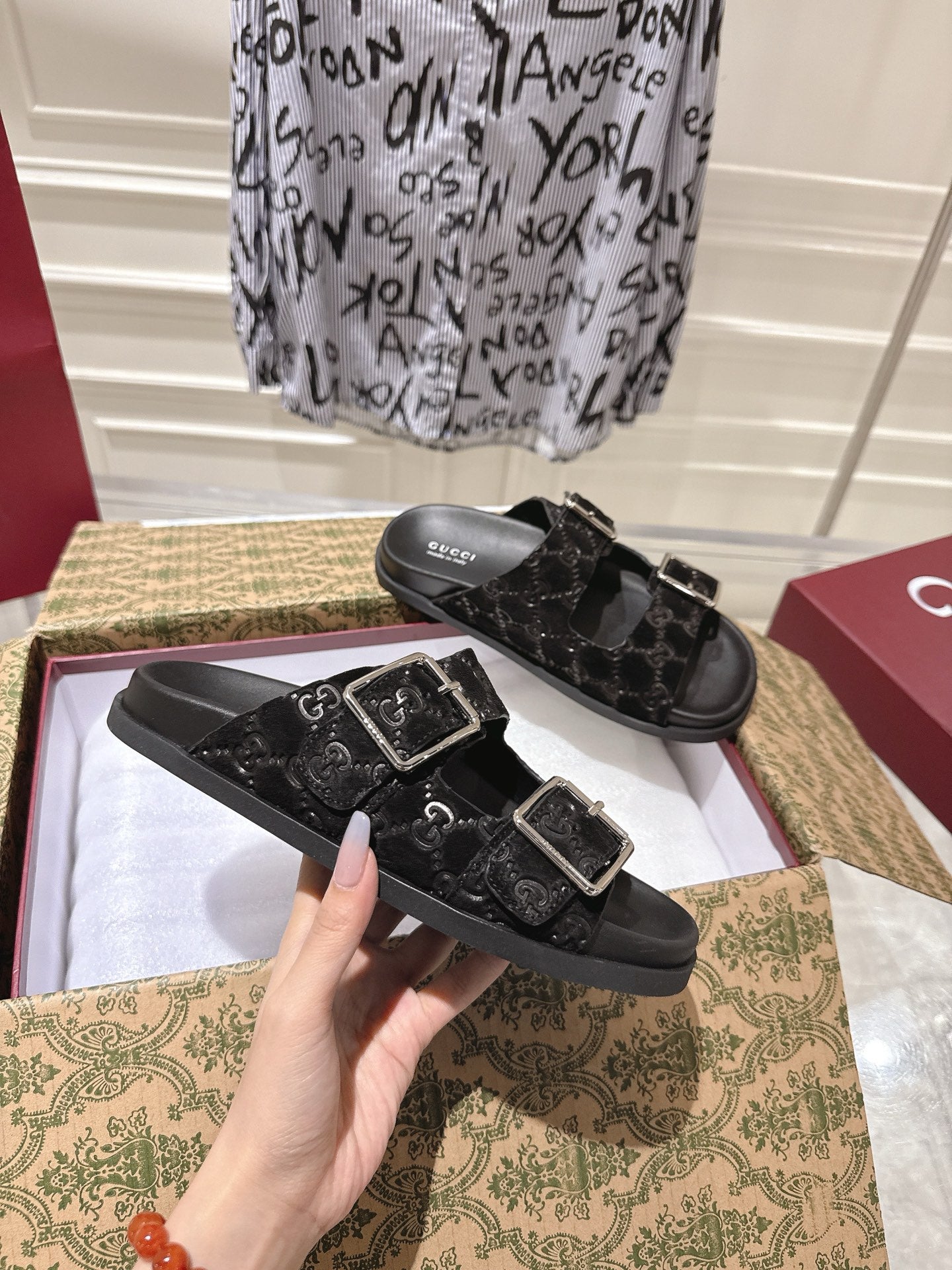 SANDALS IN BLACK SUEDE EMBOSSED LOGO SILVER HARDWARE - 36
