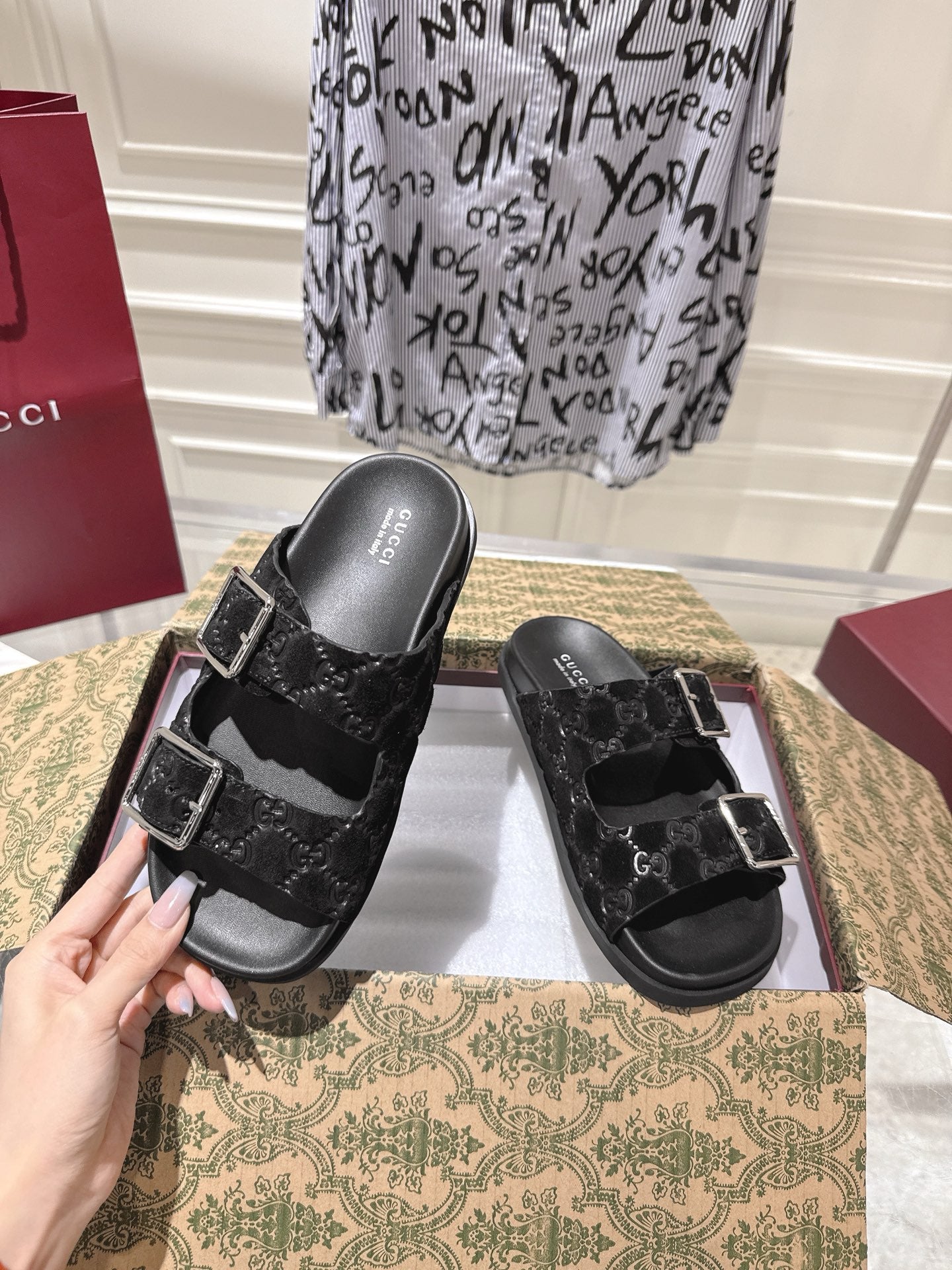 SANDALS IN BLACK SUEDE EMBOSSED LOGO SILVER HARDWARE - 36