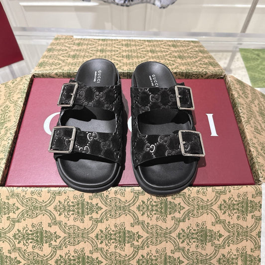 SANDALS IN BLACK SUEDE EMBOSSED LOGO SILVER HARDWARE - 36