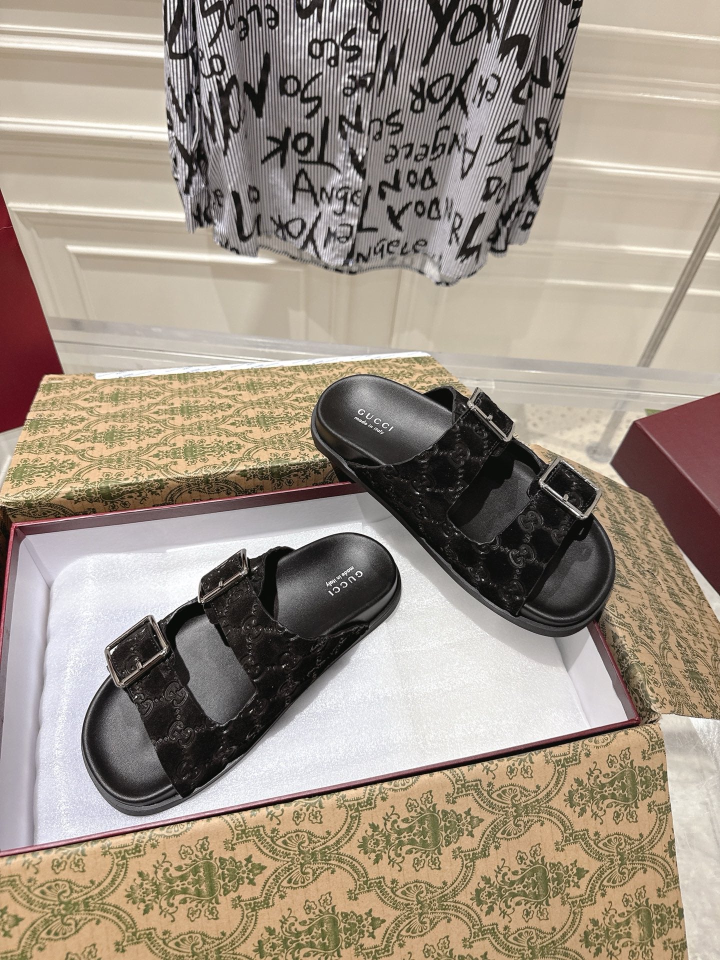 SANDALS IN BLACK SUEDE EMBOSSED LOGO SILVER HARDWARE - 36