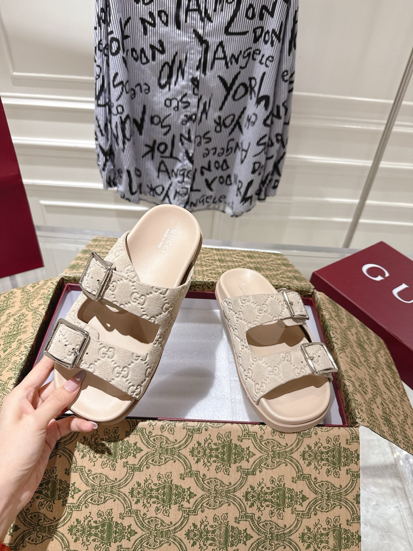 SANDALS IN NUDE BEIGE SUEDE EMBOSSED LOGO SILVER HARDWARE - 36