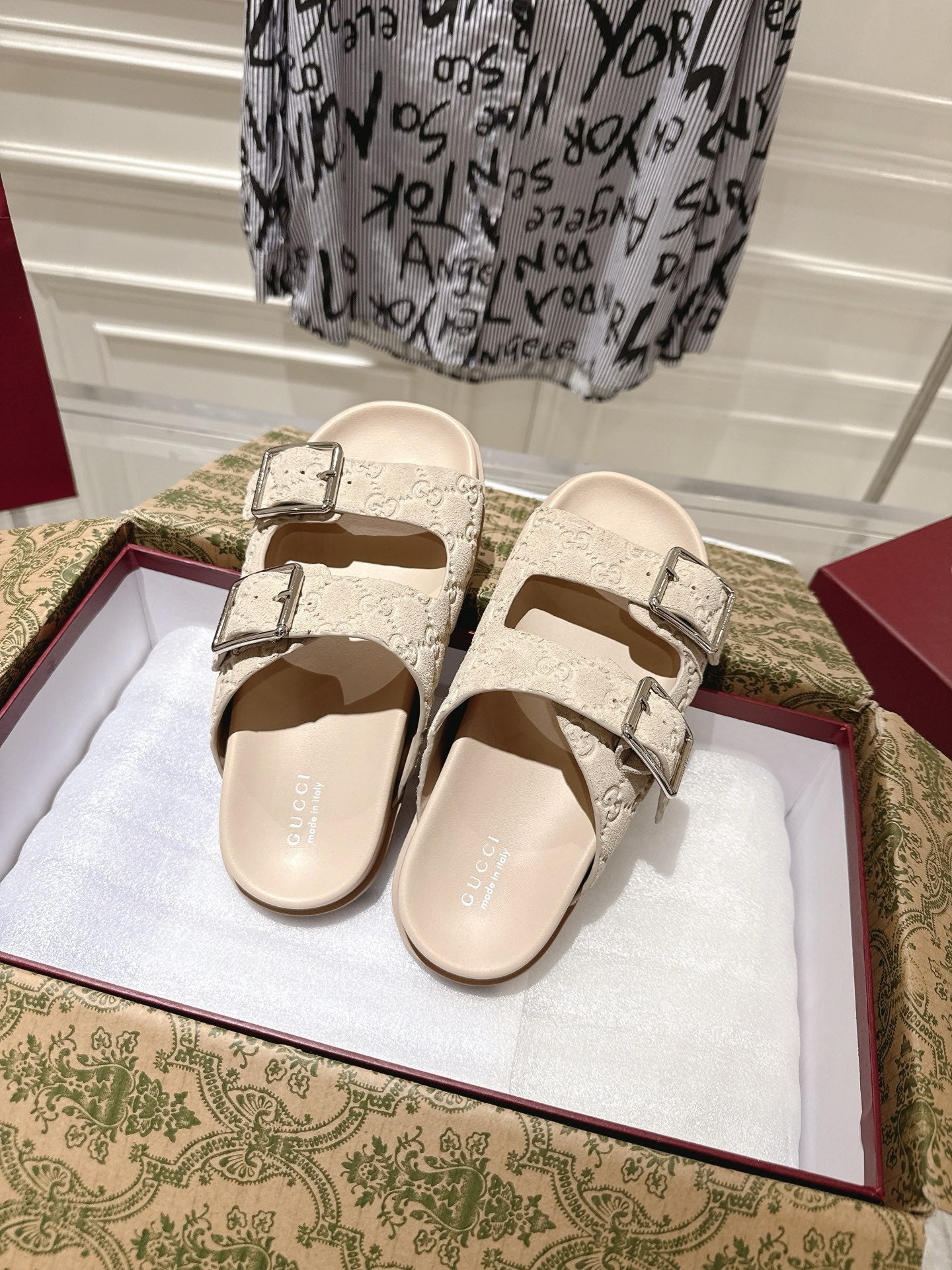 SANDALS IN NUDE BEIGE SUEDE EMBOSSED LOGO SILVER HARDWARE - 36