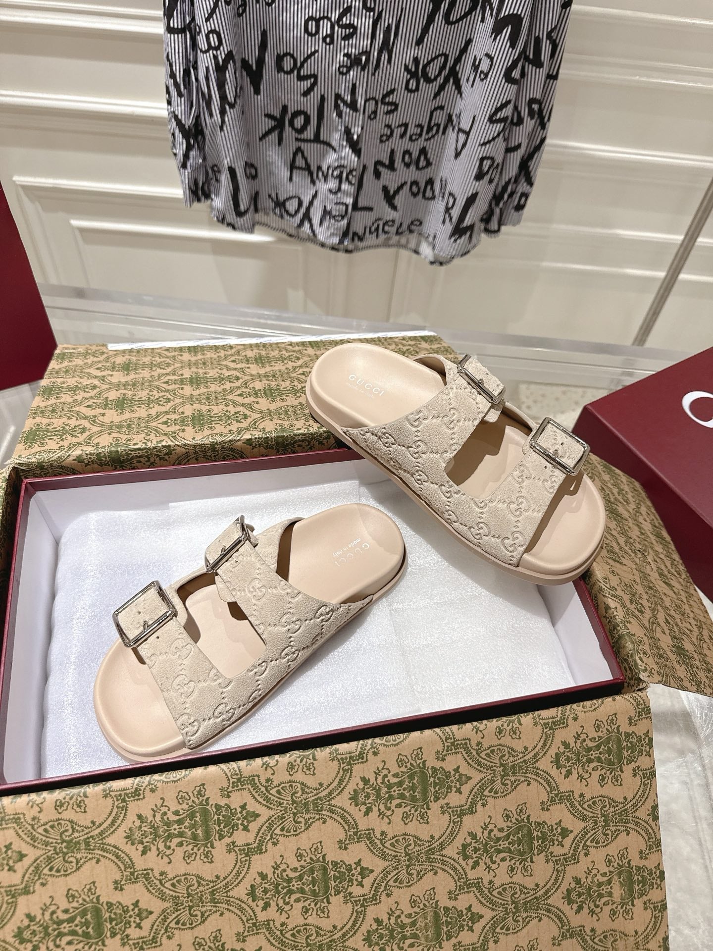SANDALS IN NUDE BEIGE SUEDE EMBOSSED LOGO SILVER HARDWARE - 36