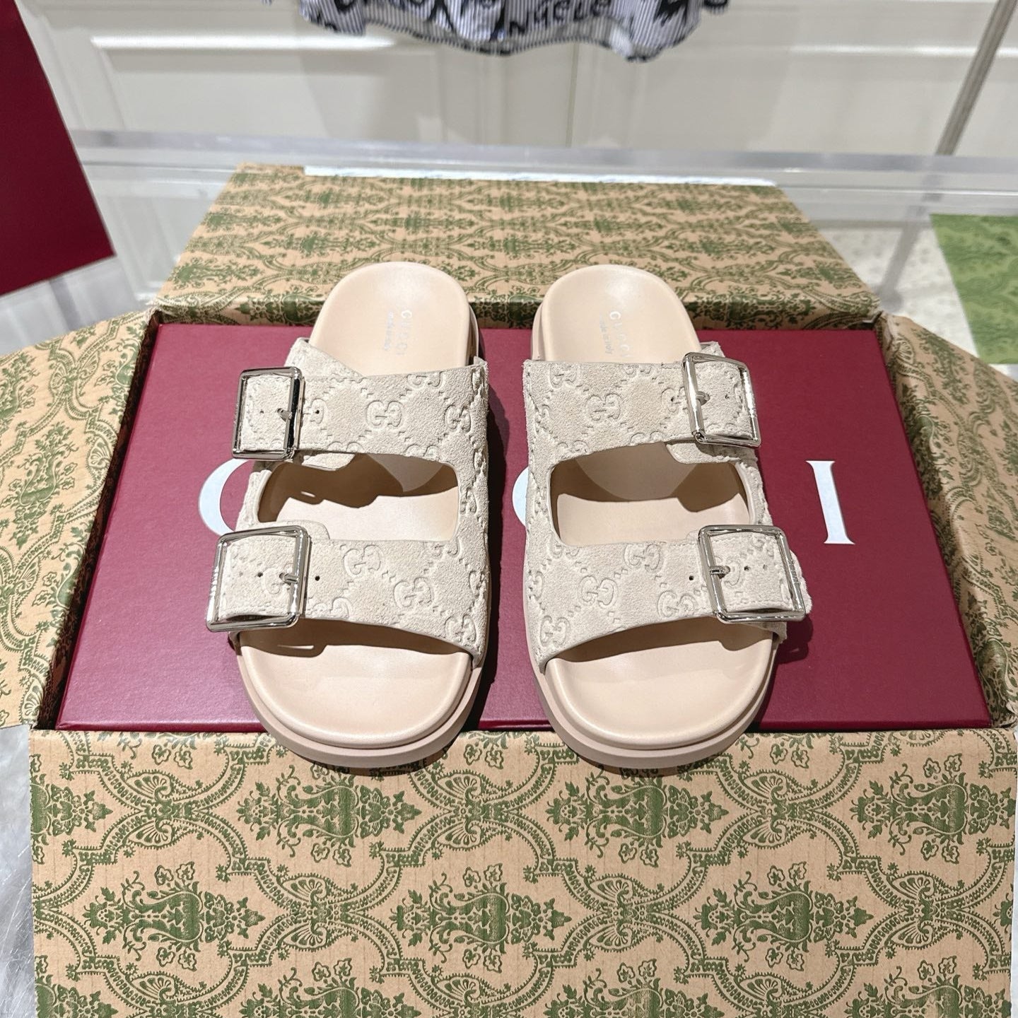 SANDALS IN NUDE BEIGE SUEDE EMBOSSED LOGO SILVER HARDWARE - 36