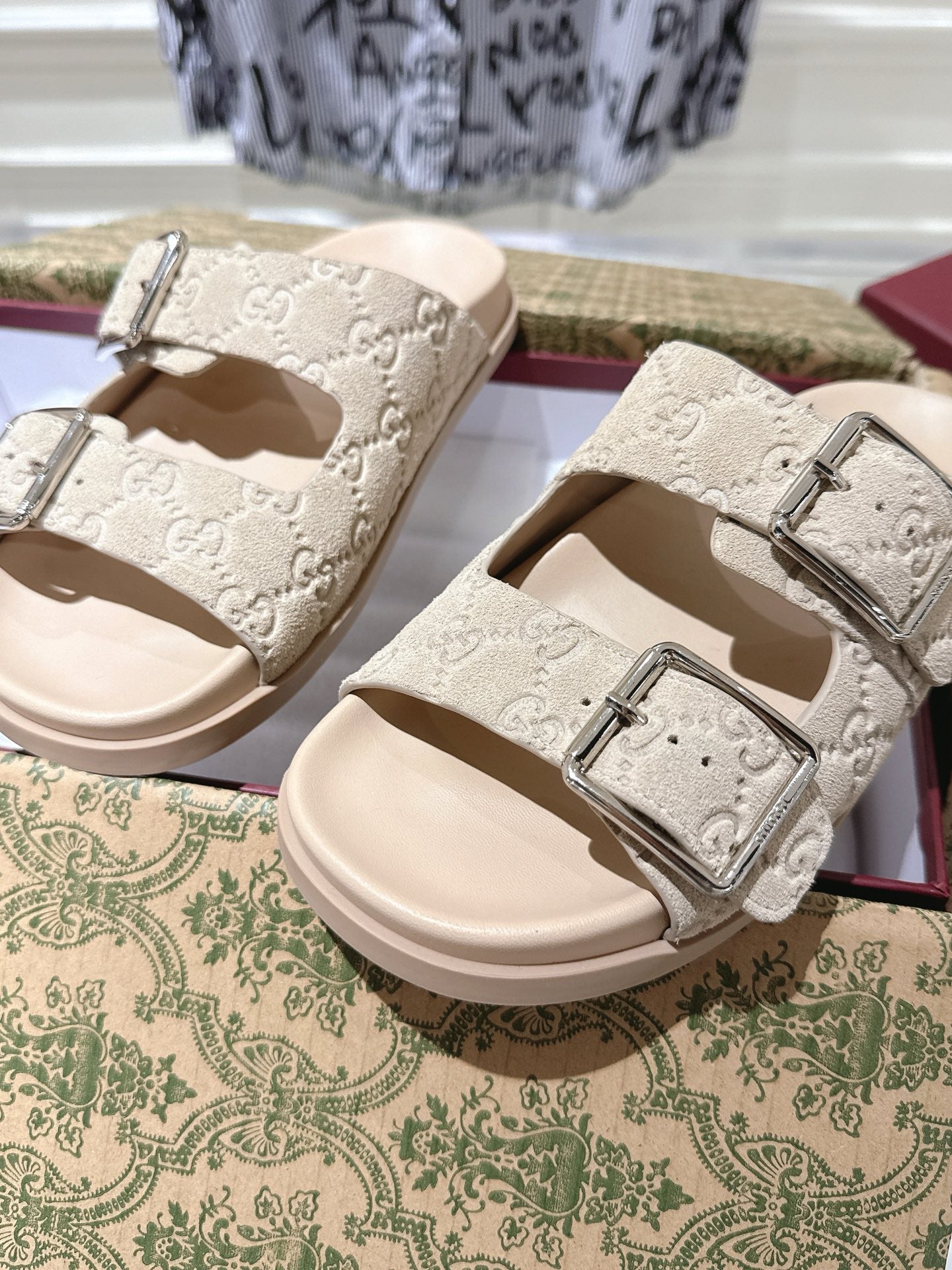 SANDALS IN NUDE BEIGE SUEDE EMBOSSED LOGO SILVER HARDWARE - 36