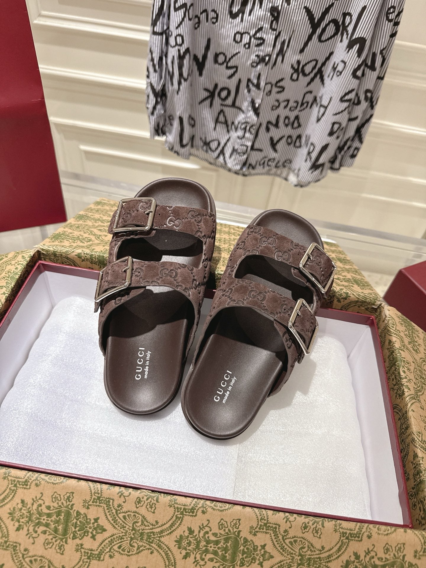 SANDALS IN NAVY BROWN SUEDE EMBOSSED LOGO SILVER HARDWARE - 36