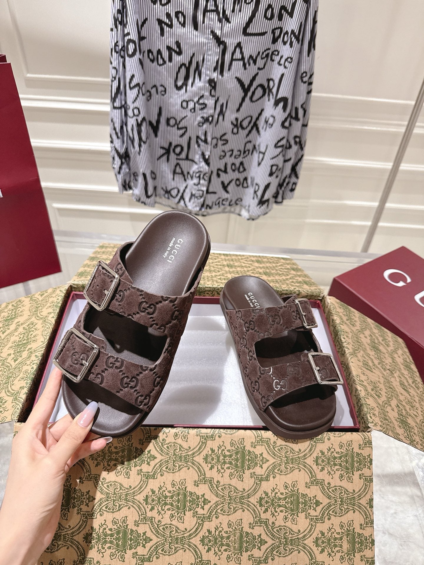 SANDALS IN NAVY BROWN SUEDE EMBOSSED LOGO SILVER HARDWARE - 36