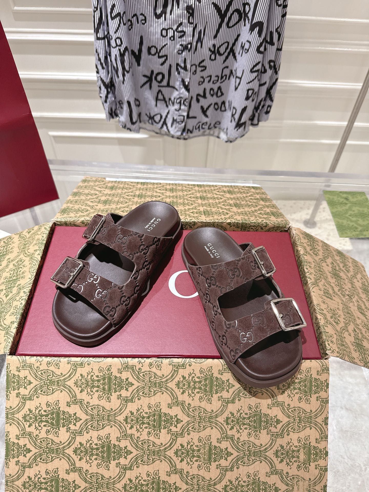 SANDALS IN NAVY BROWN SUEDE EMBOSSED LOGO SILVER HARDWARE - 36