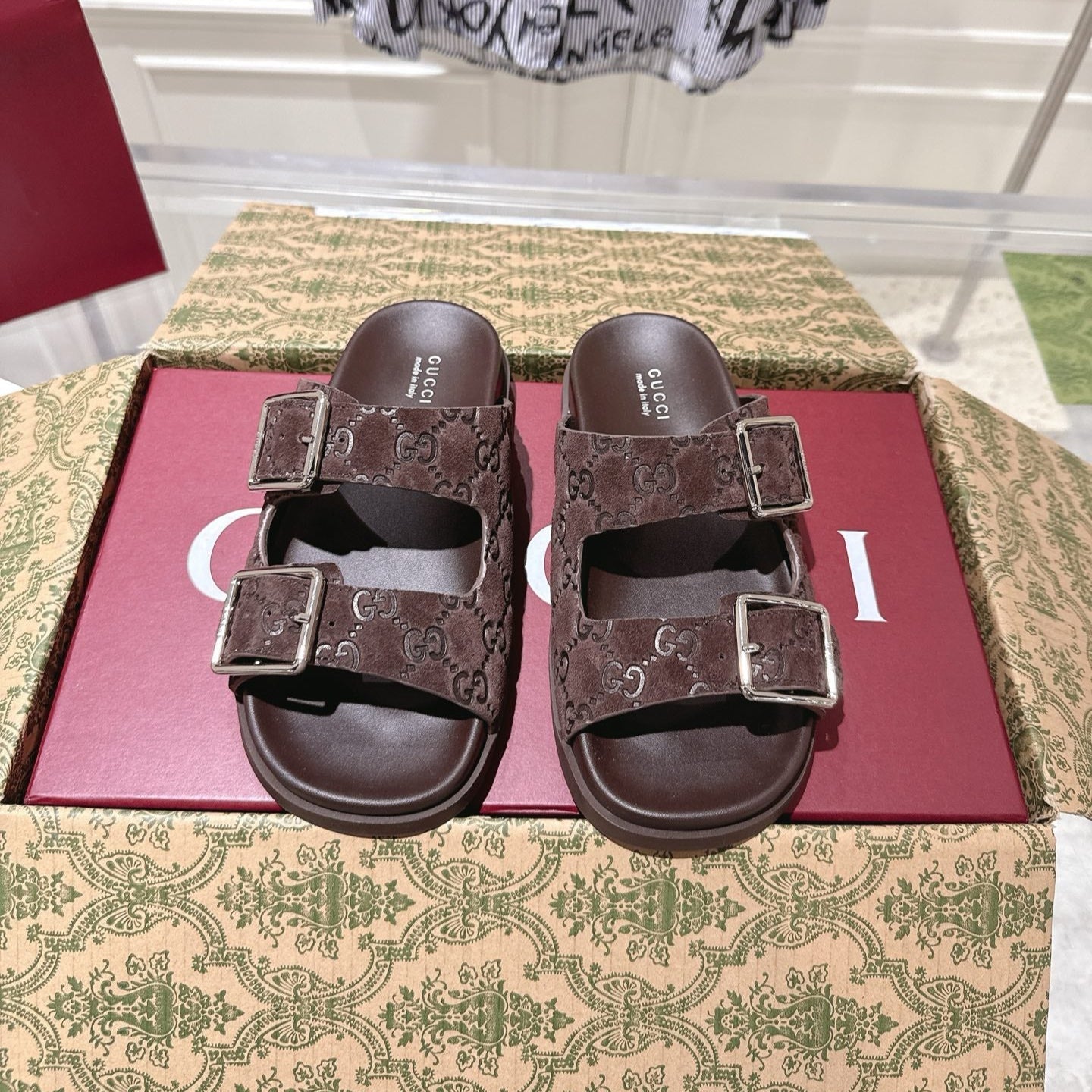 SANDALS IN NAVY BROWN SUEDE EMBOSSED LOGO SILVER HARDWARE - 36
