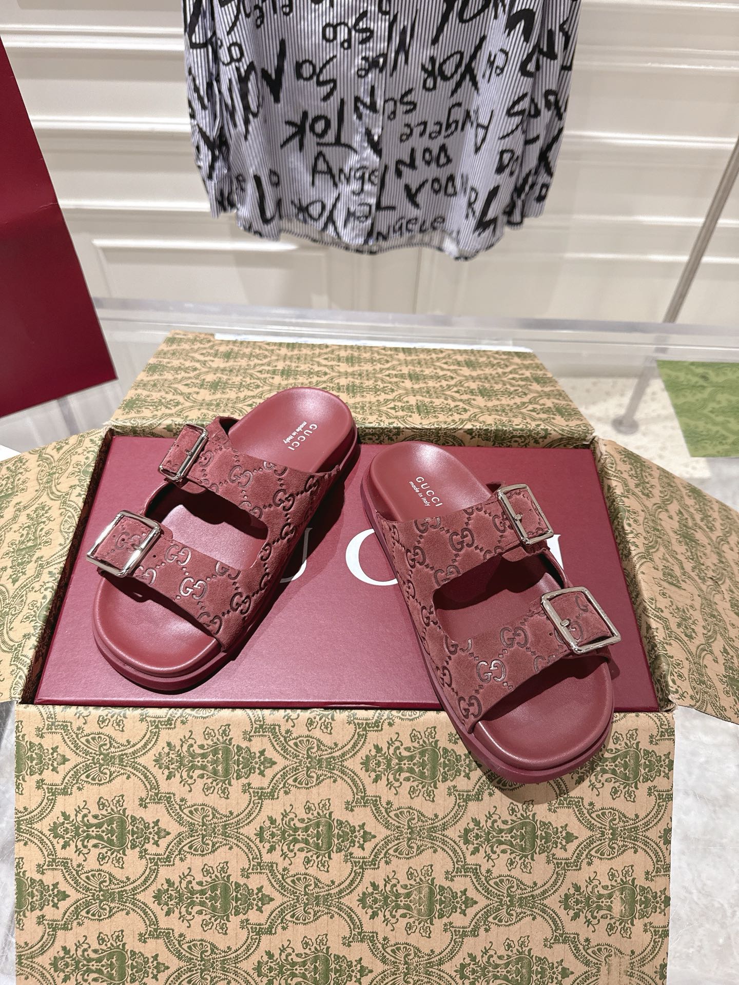 SANDALS IN NAVY RED SUEDE EMBOSSED LOGO SILVER HARDWARE - 36