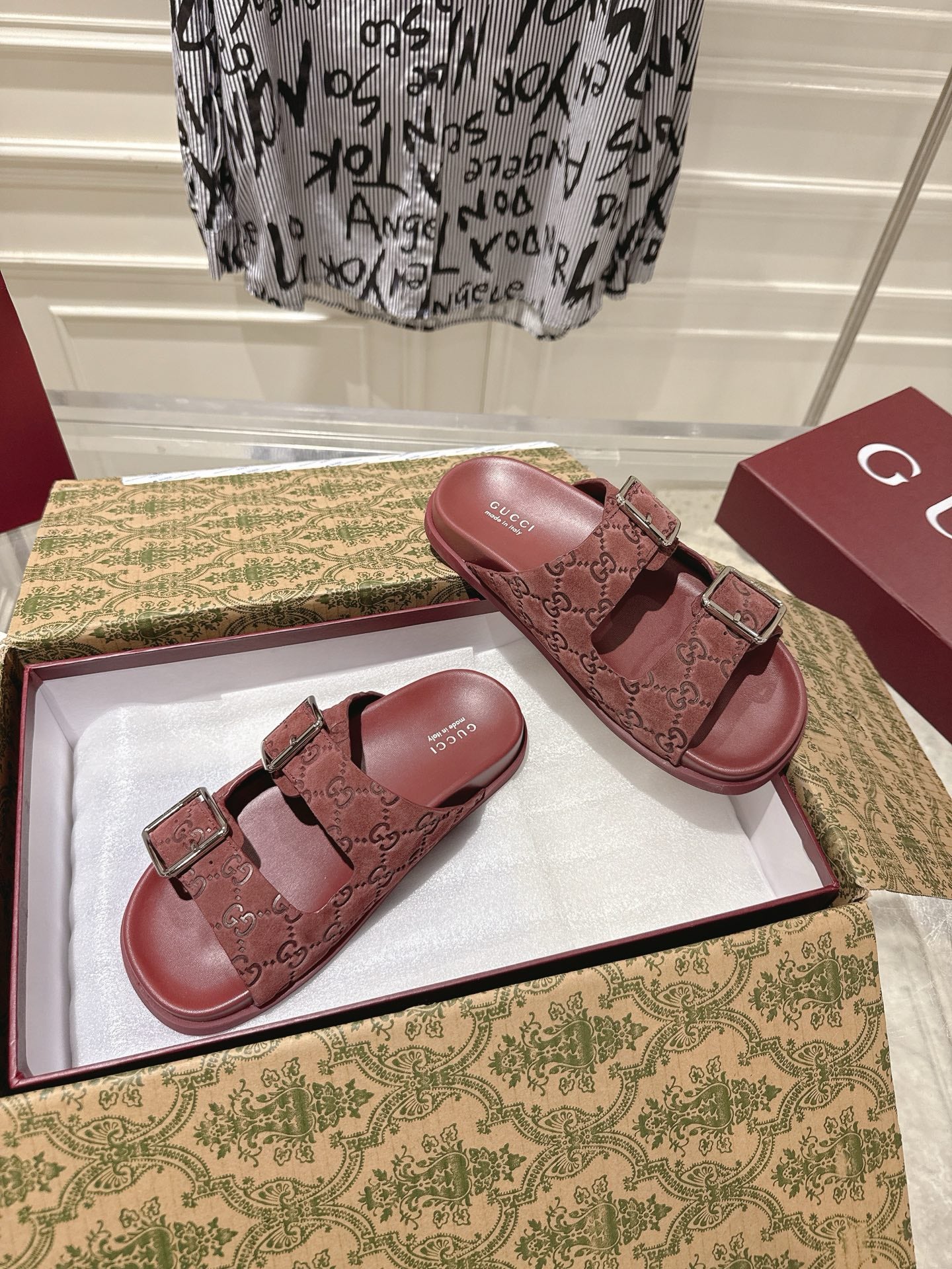 SANDALS IN NAVY RED SUEDE EMBOSSED LOGO SILVER HARDWARE - 36