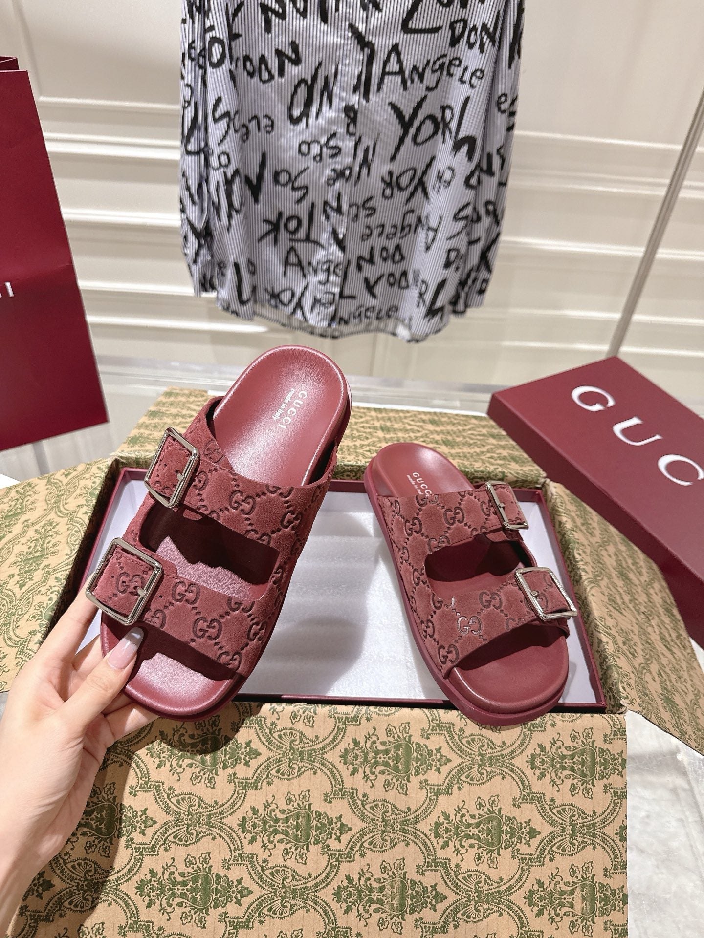 SANDALS IN NAVY RED SUEDE EMBOSSED LOGO SILVER HARDWARE - 36