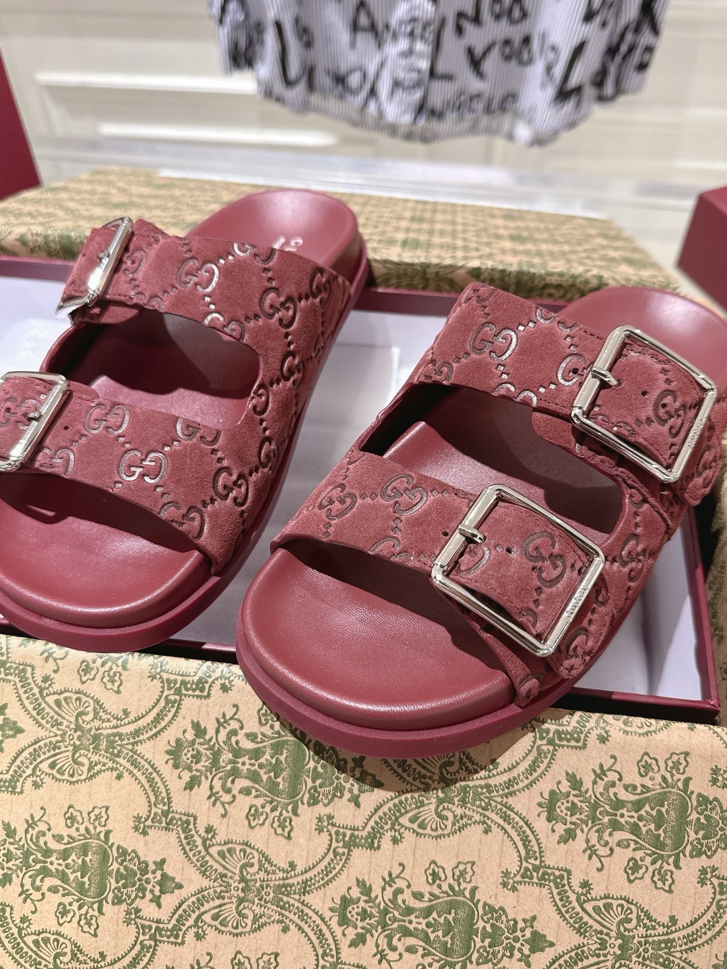 SANDALS IN NAVY RED SUEDE EMBOSSED LOGO SILVER HARDWARE - 36