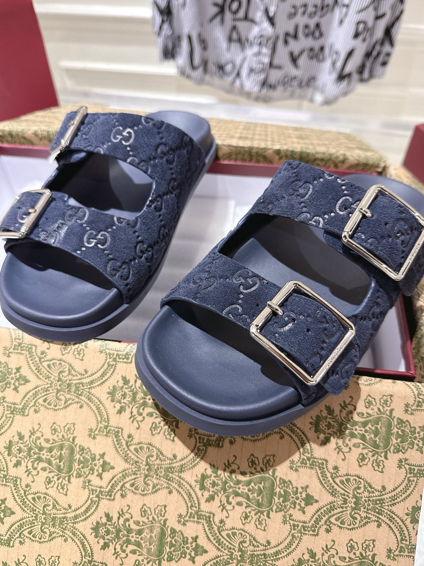 SANDALS IN NAVY BLUE SUEDE EMBOSSED LOGO SILVER HARDWARE - 36