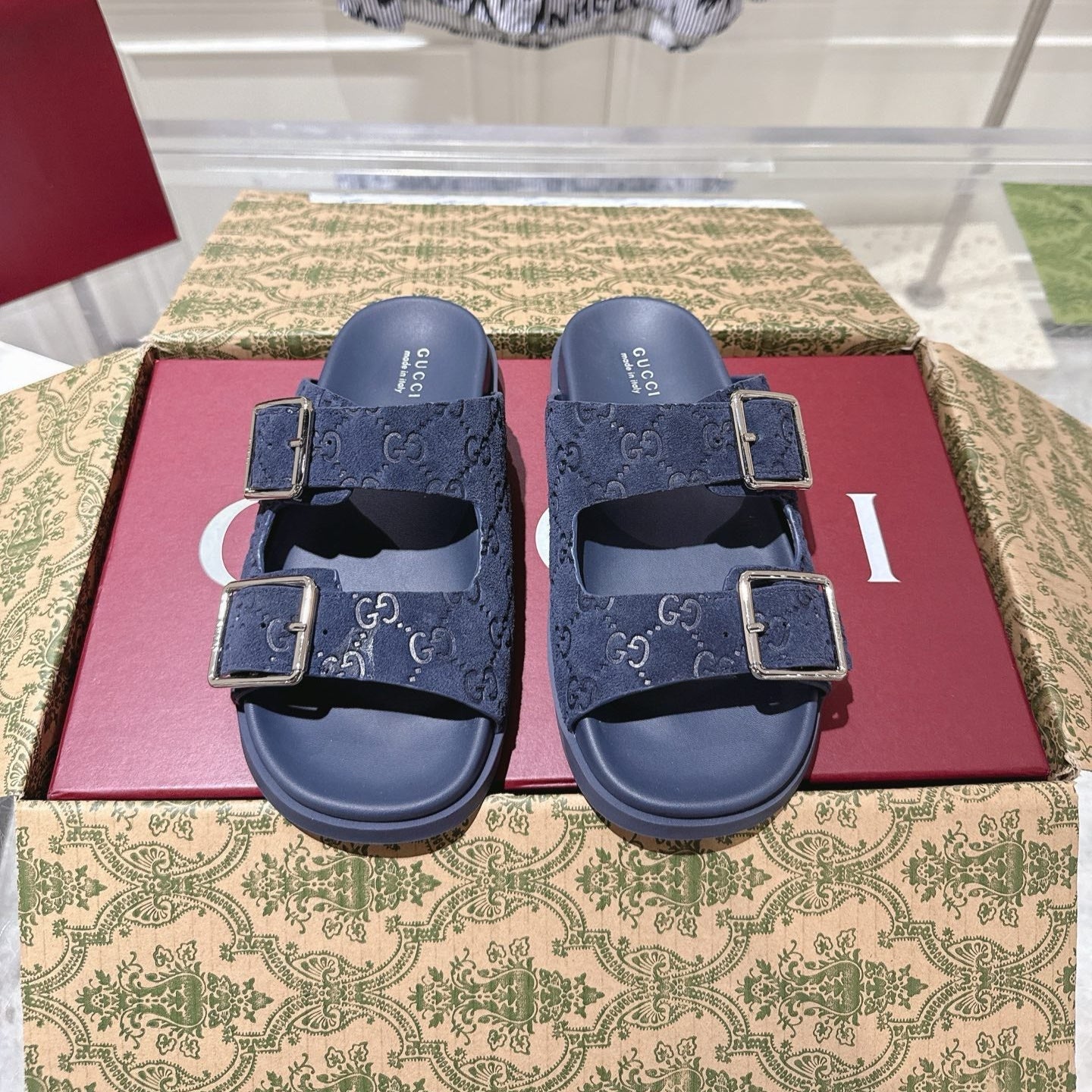 SANDALS IN NAVY BLUE SUEDE EMBOSSED LOGO SILVER HARDWARE - 36