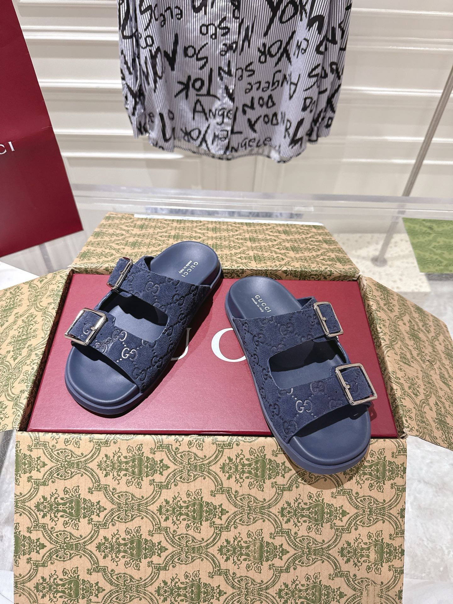SANDALS IN NAVY BLUE SUEDE EMBOSSED LOGO SILVER HARDWARE - 36