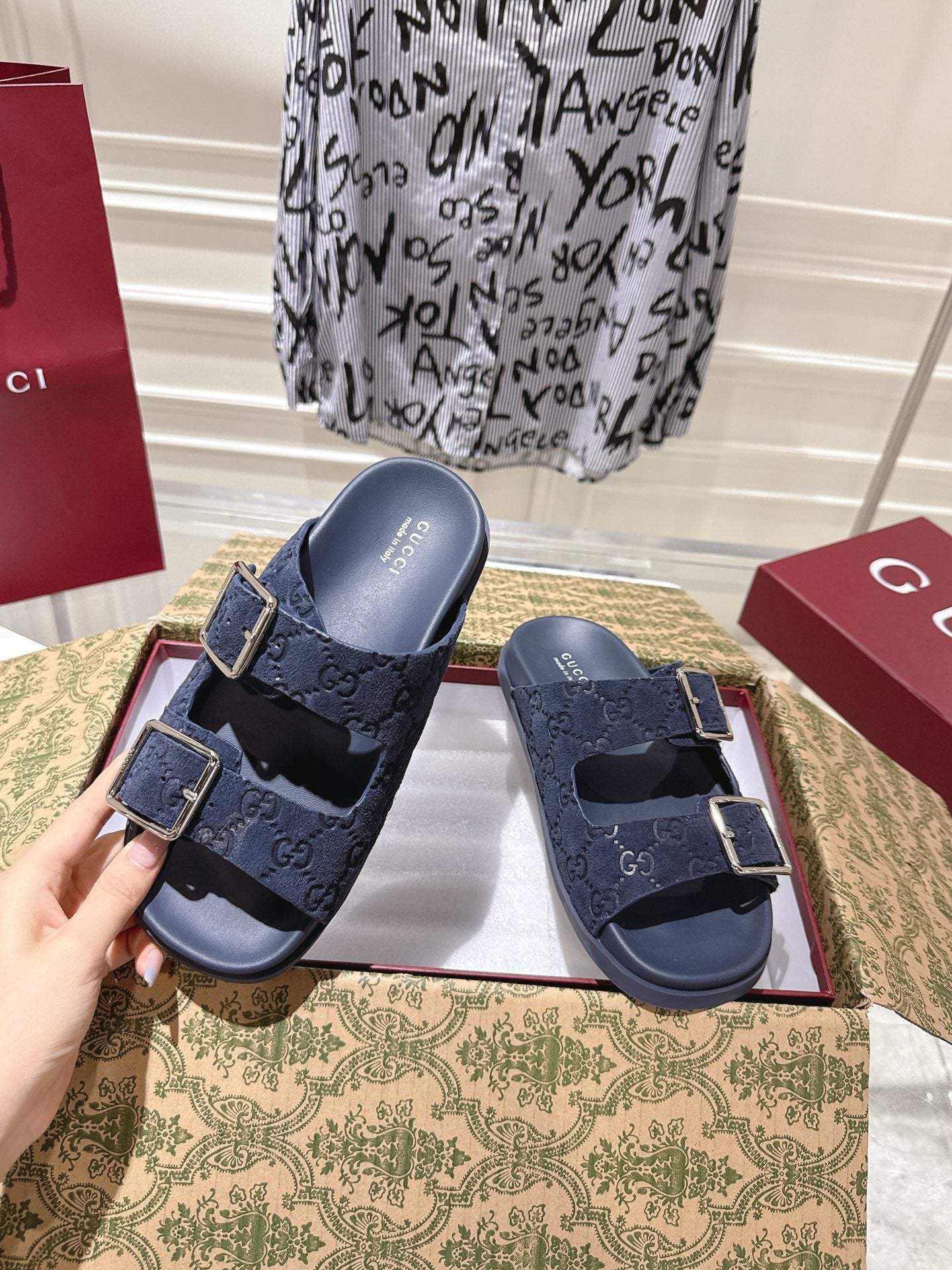 SANDALS IN NAVY BLUE SUEDE EMBOSSED LOGO SILVER HARDWARE - 36