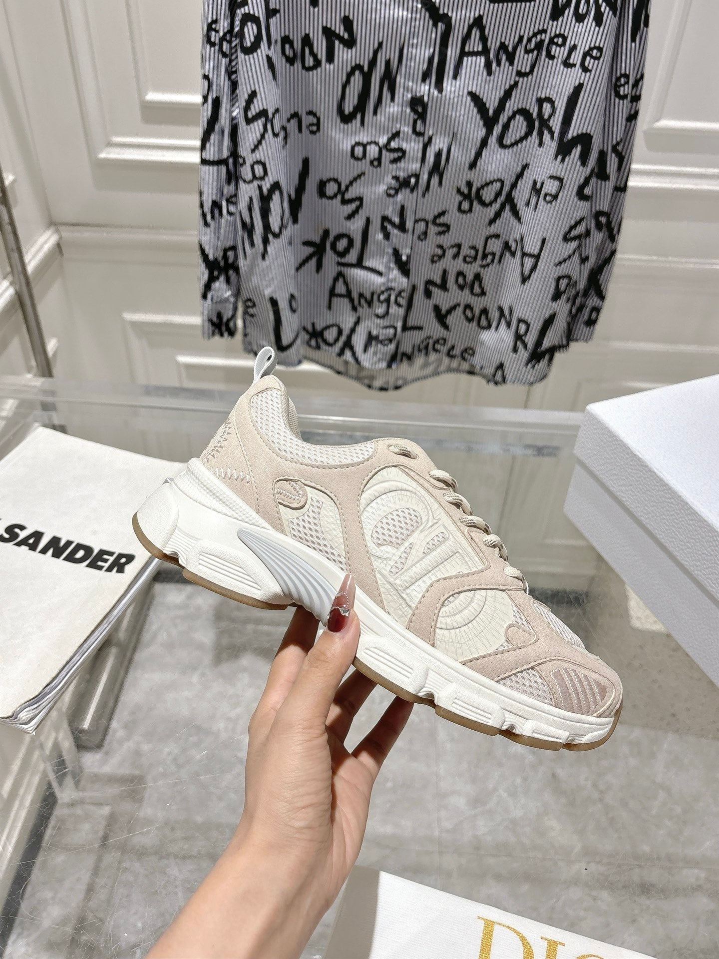 DIOR 25S CHRONO SNEAKER 45MM IN MESH WITH WHITE AND NUDE PINK CALFSKIN - 35