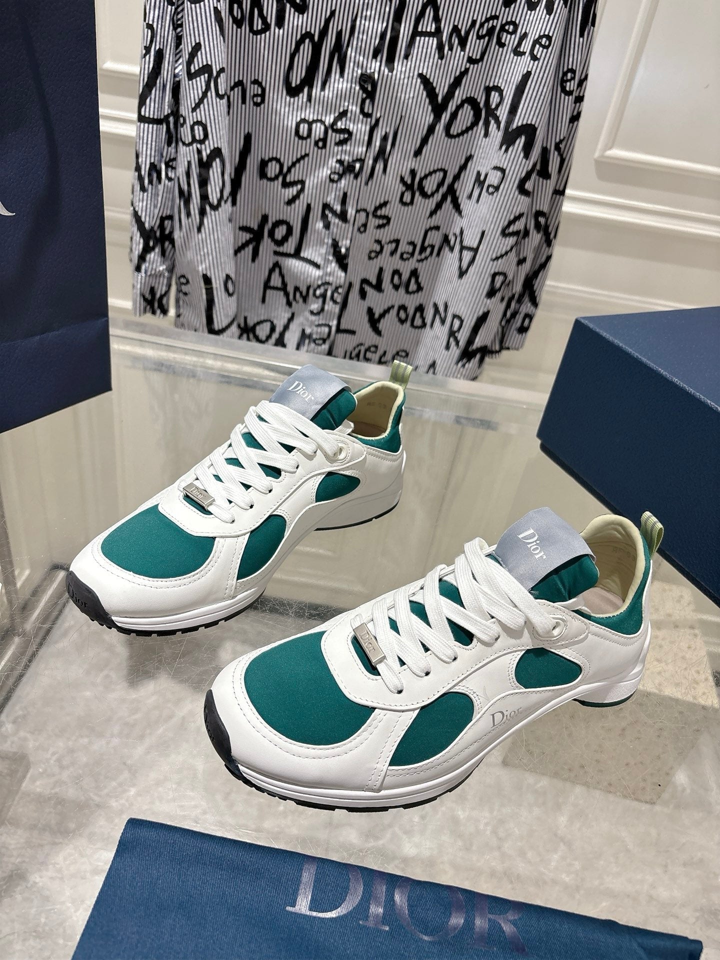 DIOR 25S MILE SERIES SNEAKERS 25MM IN WHITE DARK TEAL CALFSKIN - 35