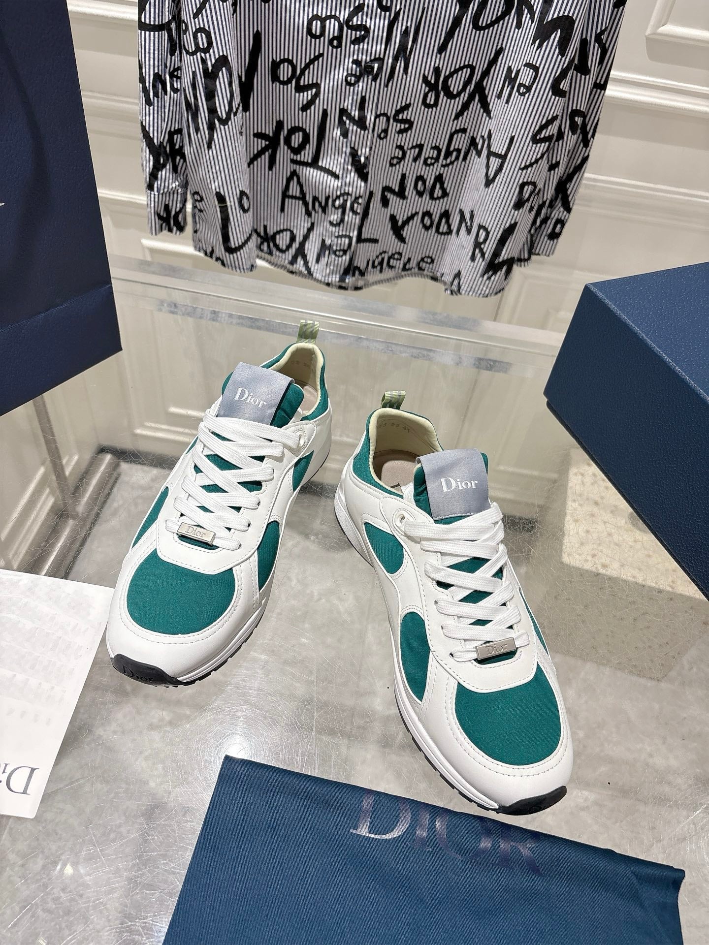 DIOR 25S MILE SERIES SNEAKERS 25MM IN WHITE DARK TEAL CALFSKIN - 35