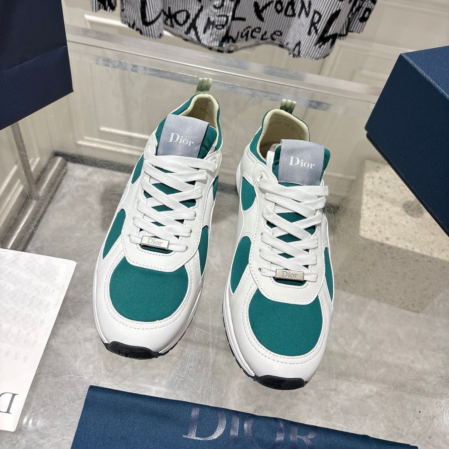 DIOR 25S MILE SERIES SNEAKERS 25MM IN WHITE DARK TEAL CALFSKIN - 35