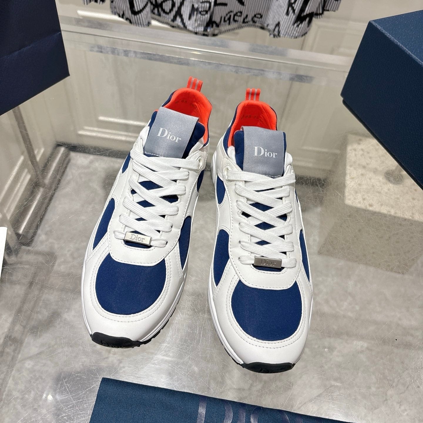 DIOR 25S MILE SERIES SNEAKERS 25MM IN WHITE BLUE CALFSKIN - 35