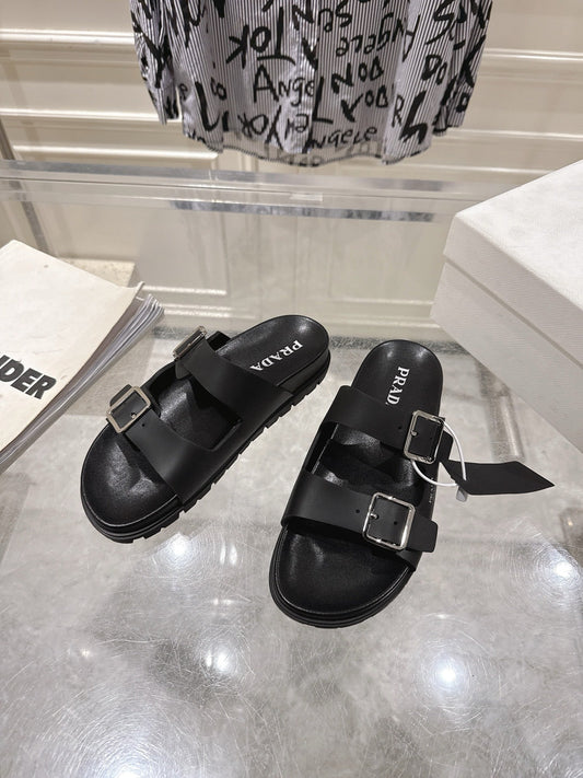 PRADA 26S SLIDES SANDALS IN BLACK CALFSKIN SILVER HARDWARE
