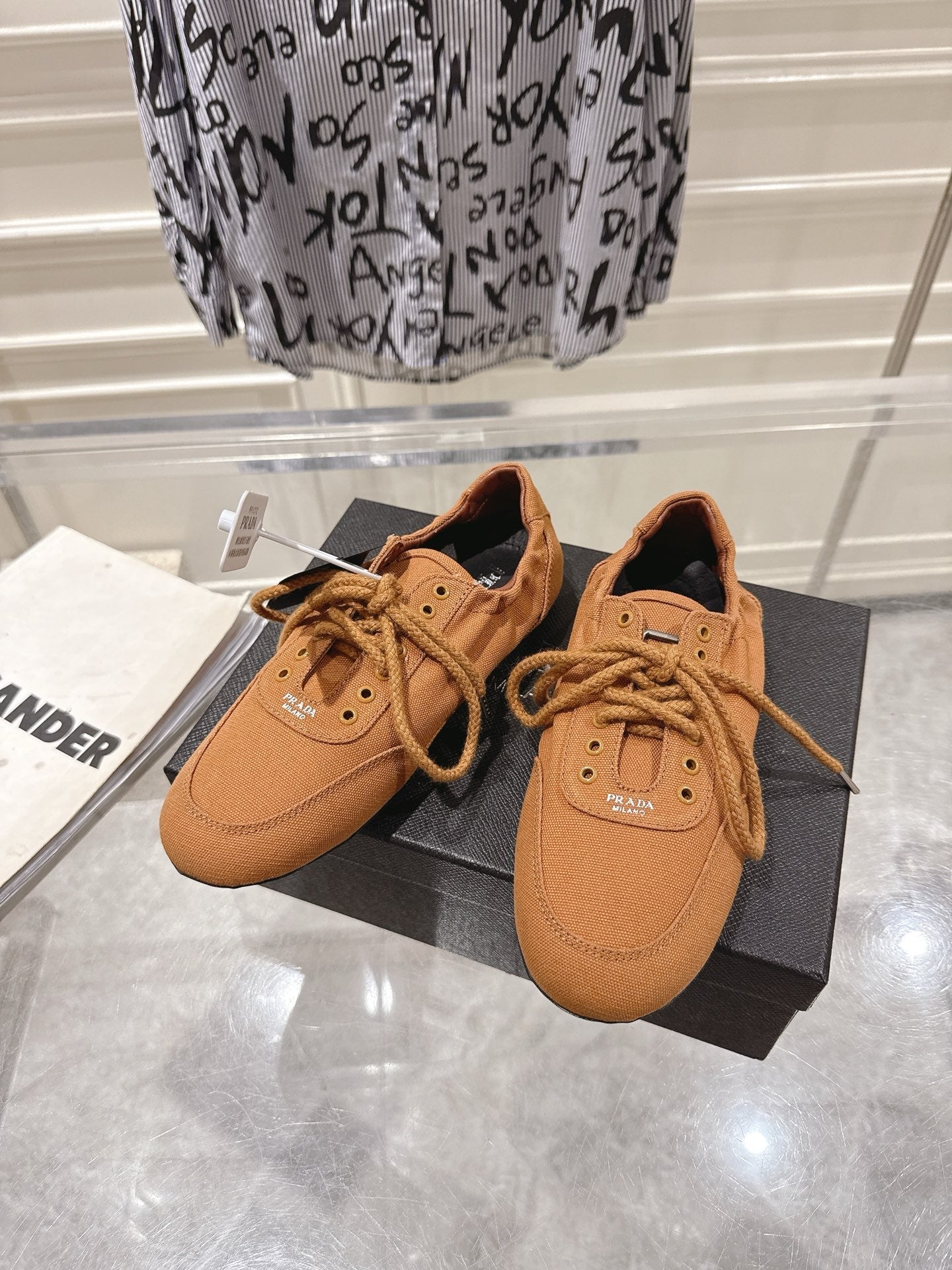 КРОСІВКИ PRADA 26S COLLAPSE З ПОЛОТНА КОЛЬОРУ КАРАМЕЛЬНОГО КОРИЧНЕВОГО