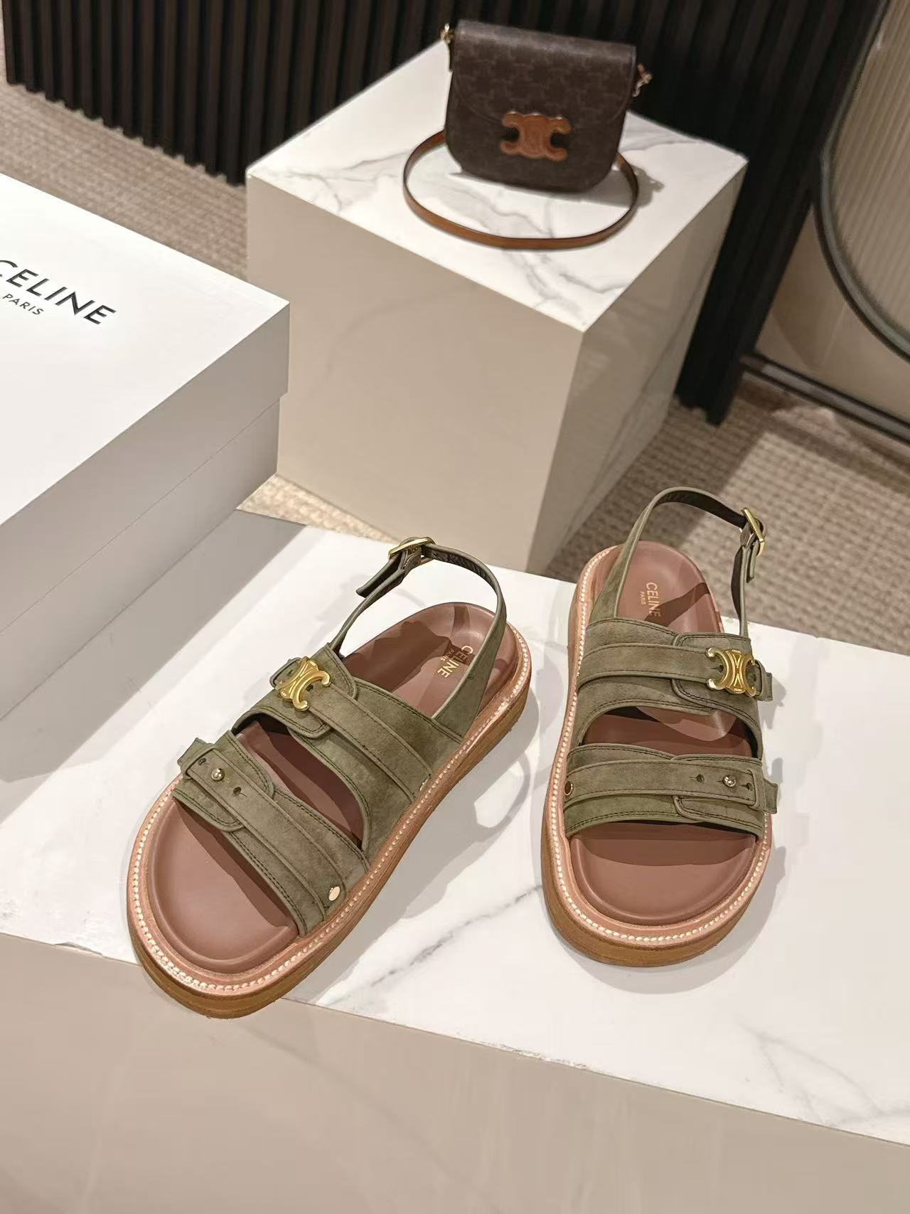 CELINE 25S TIPPI TRIOMPHE SANDAL IN DARK OLIVE CALFSKIN SUEDE - 35